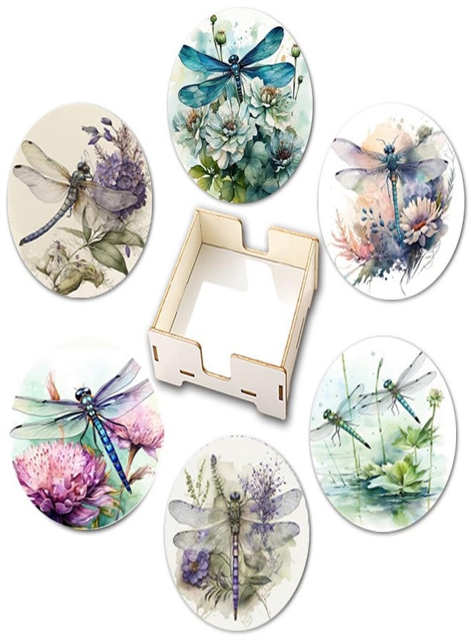 CALFOVERA 6PCS Dragonfly Floral Coasters 4 Inch Round Absorbent Wooden Cup Holders with Cork Base Tabletop Protection Coffee Mugs Wood Mats Coasters Saucers Pads for Drinks Christmas Decoration Gift - Image 1